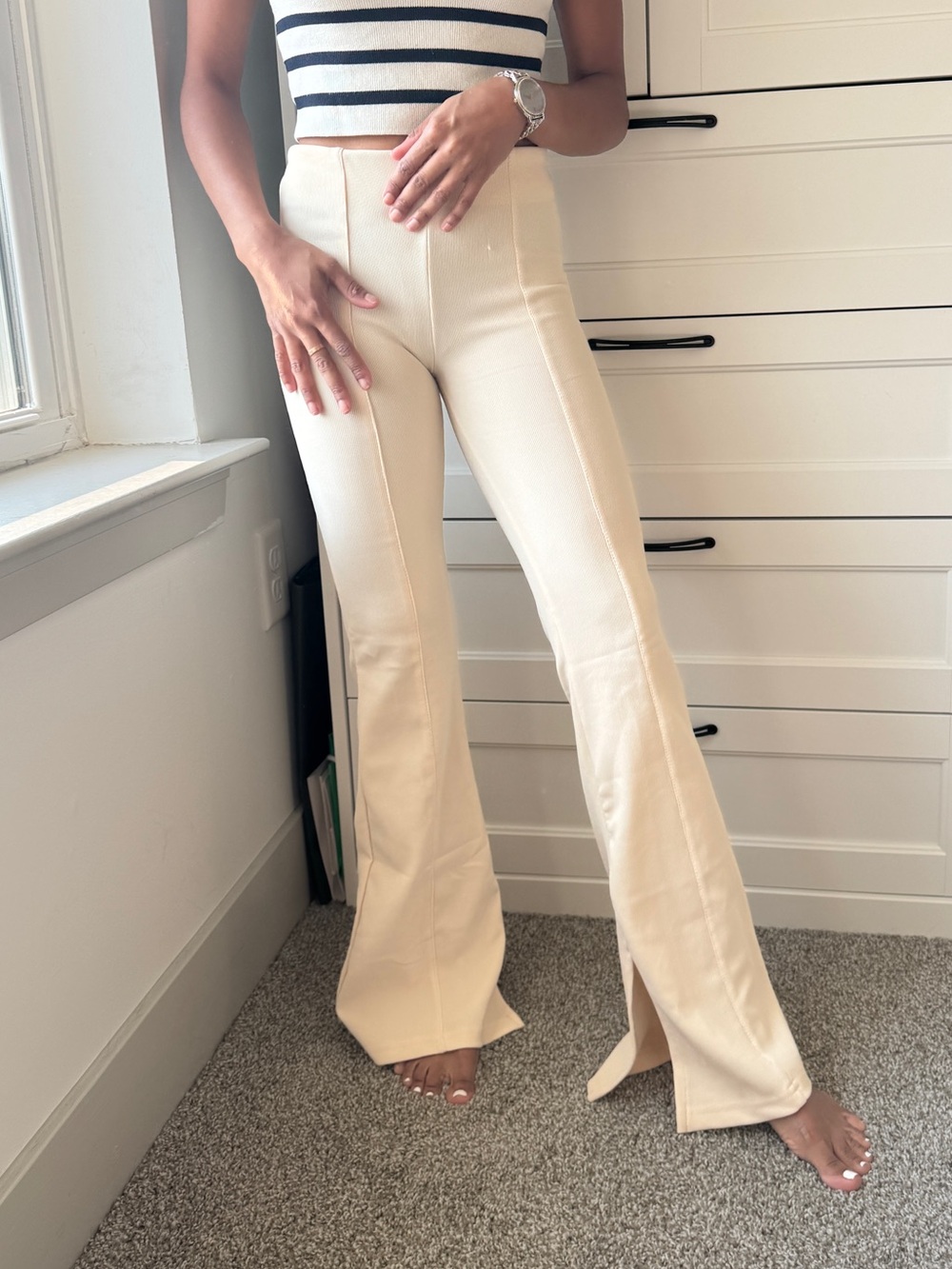 Cream High-Rise Flare Pants with Front Slit